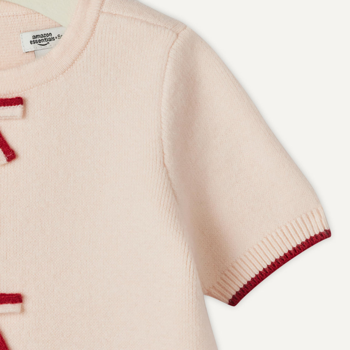 Amazon Essentials x Sofia Grainge Toddler Girls' Holiday Bow Front Shortsleeve Sweater Knit Dress, Light Pink Burgundy Combo, 2T