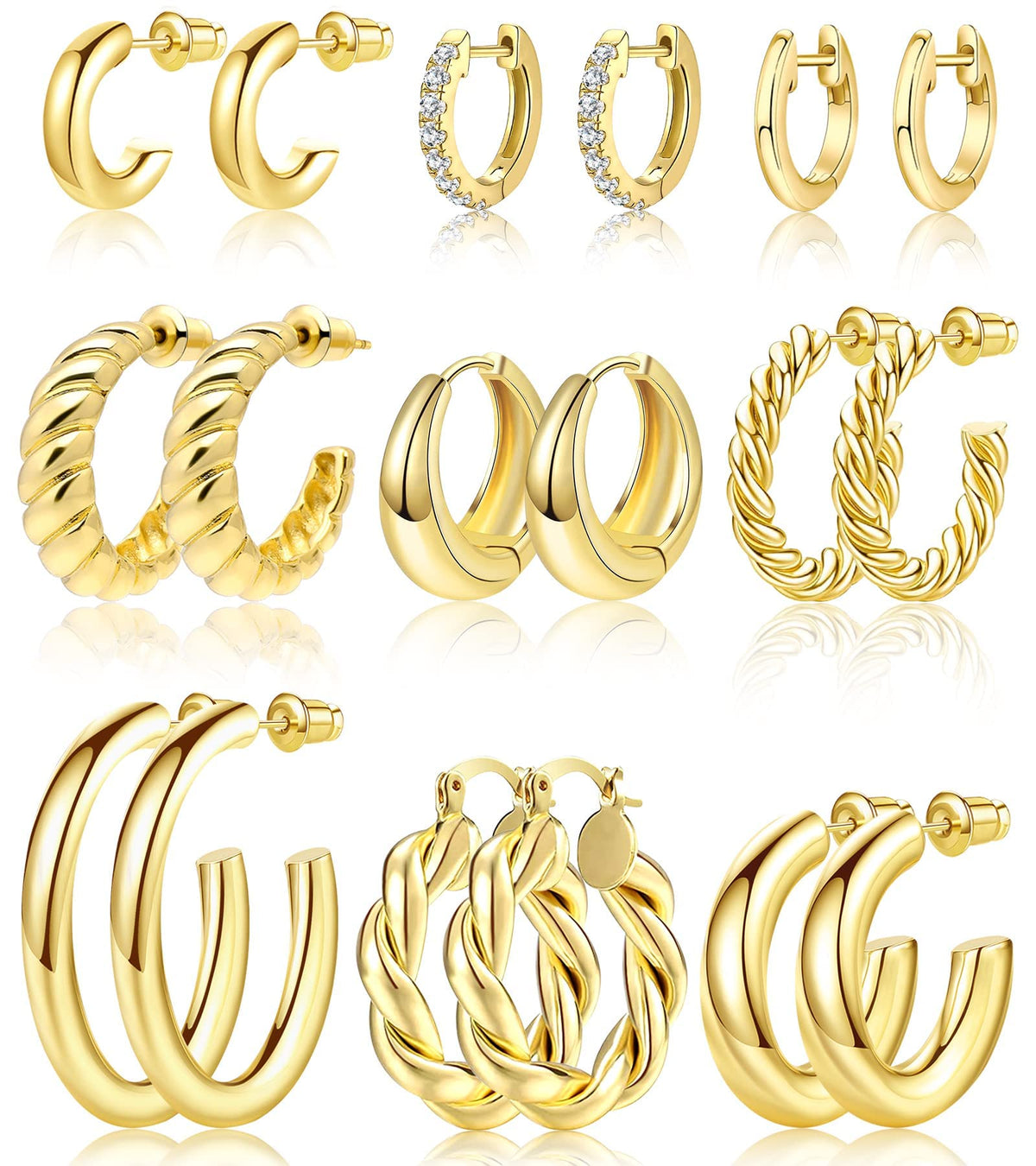 Adoyi Gold Hoop Earrings Set for Women Girl Trendy 14K Plated Gold Hoops Small Chunky Earrings Twisted Huggie Ear ring Pack Lightweight 9 Pairs Jewelry Set for Valentines Mother's Day Birthday Gifts