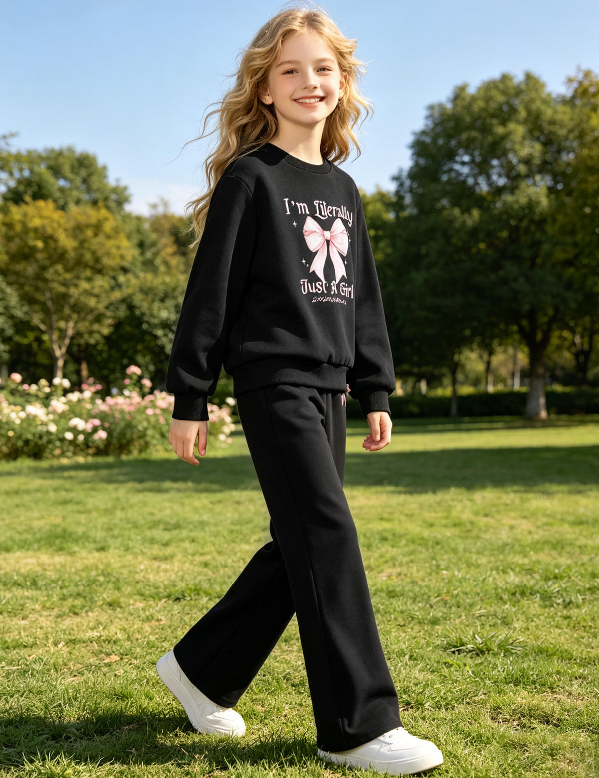 Gaupafmb Girls' Clothing Sets 2 Piece Watercolor Bow Letter Print Graphic Crewneck Sweatshirt Top and Flared Pants Black Teen Girls Clothes Size 10-12 Years
