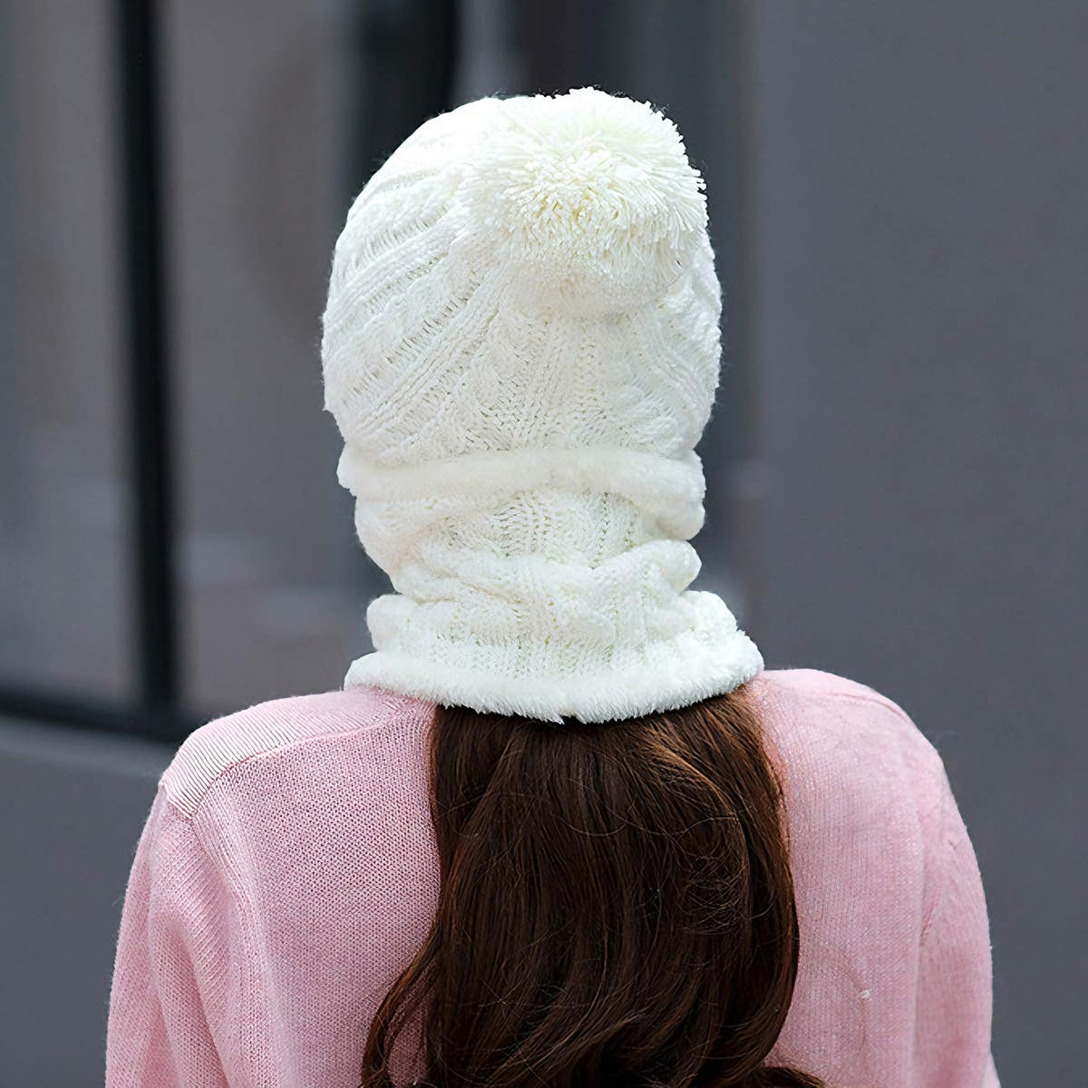 KAICAILA Women Winter One Piece Hooded Balaclava Knit Beanie Hats Pom Pom