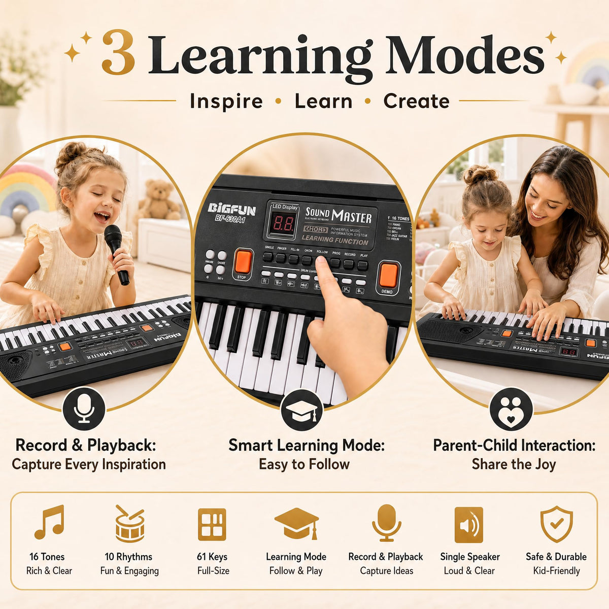 Soundo 61 Key Piano Keyboard with Microphone, Electric Piano, Black