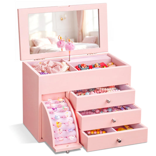 Emfogo Musical Jewelry Box for Girls, 4-Layer Ballerina Music Box with 8-Compartment Storage & 3 Drawers, Solid Wood girls Jewelry Organizer for Birthday Bedroom Decor���P