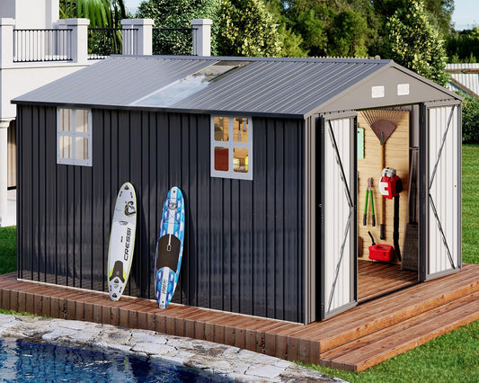 AMERLIFE 10.1x11.5x7.4 FT Galvanized Steel Storage Shed with Dual Transparent Panels, 2 4-Pane Windows & Hinged Double Doors, Outdoor Shed for Backyard, Patio, Garden, Dark Grey