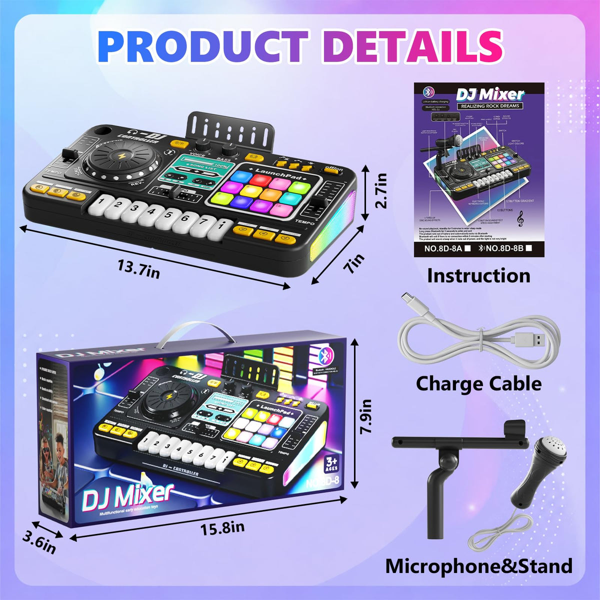 VLQ Kids DJ Mixer Table, Musical DJ Set for Kids with Lights & Bluetooth