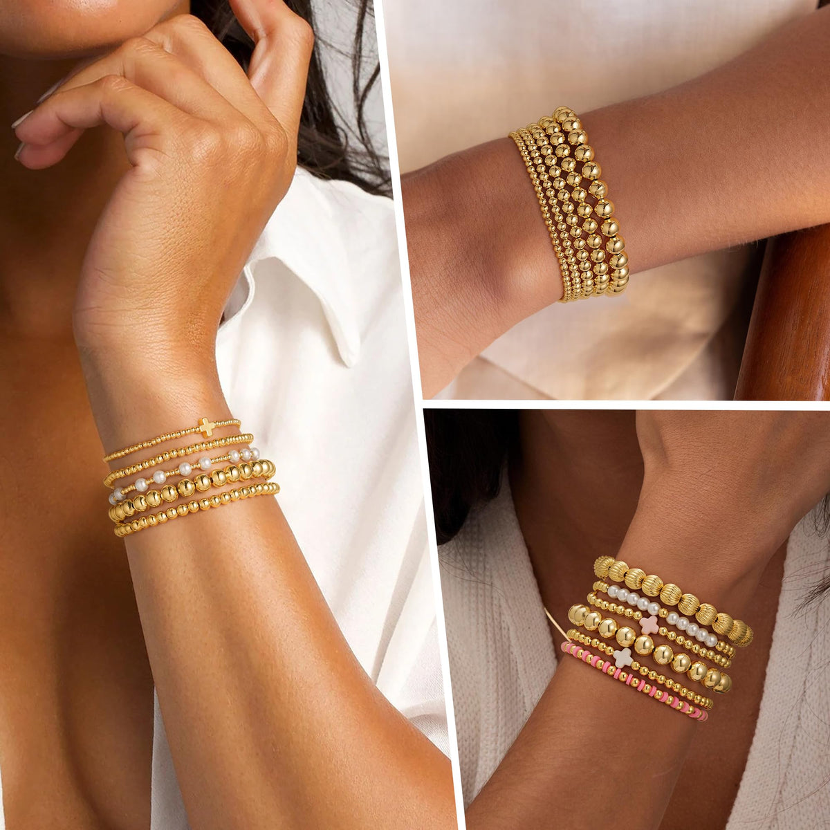 Yoosteel Gold Bracelets for Women, 14k Gold Plated Beaded Bracelets Set