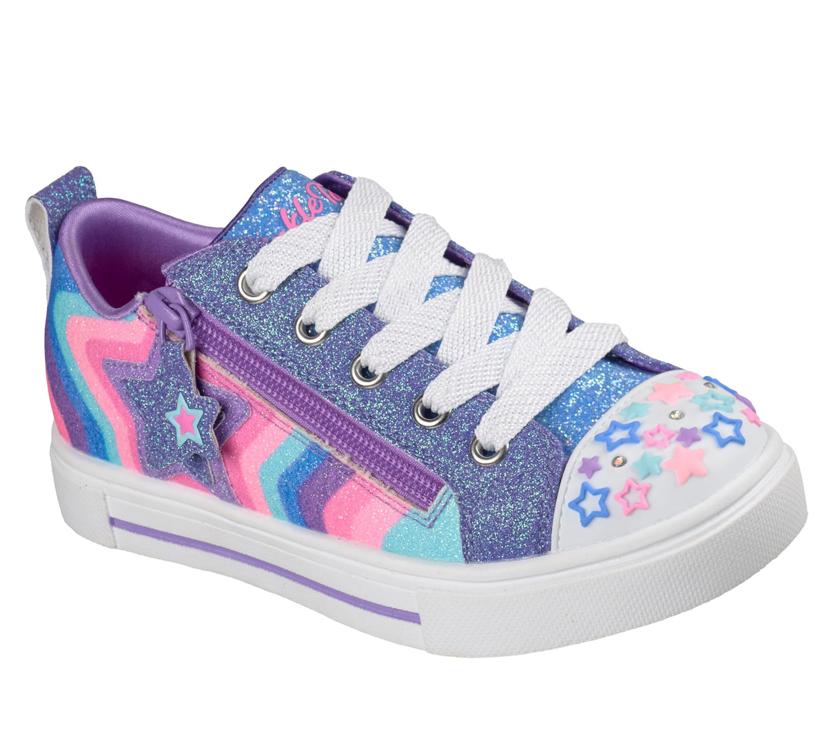 Skechers Twinkle Sparks Cosmic Burst Light Up Sneakers - Star Design Low Top Fashion Shoes with Glitter Upper, Navy Synthetic/Multi Trim, 1H