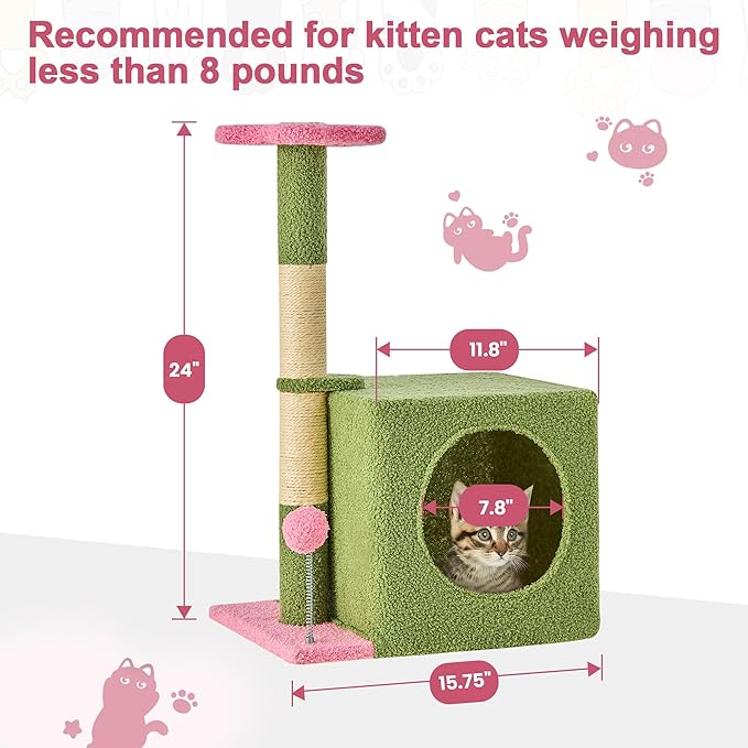 24 Inch Cat Tree Condo for Indoor Cats with Floral Sisal Scratching Post, Plush Hang Ball Play Furniture for Kittens Cats, Pink