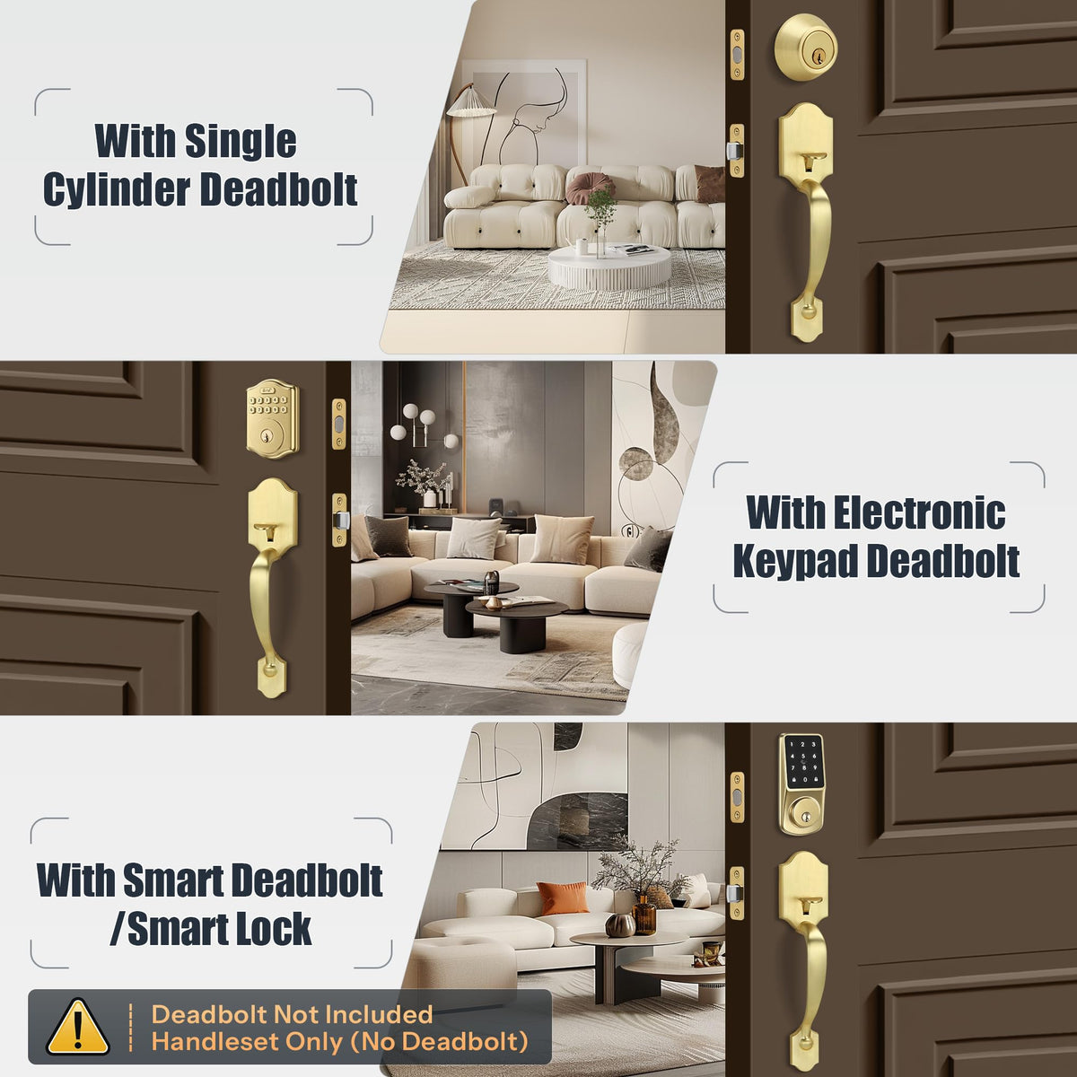 Gaurqiah Gold Front Door Handle Set with Passage Lever, Deadbolt Not Included,Exterior Door Handleset for Single Cylinder or Smart Deadbolts, Satin Brass