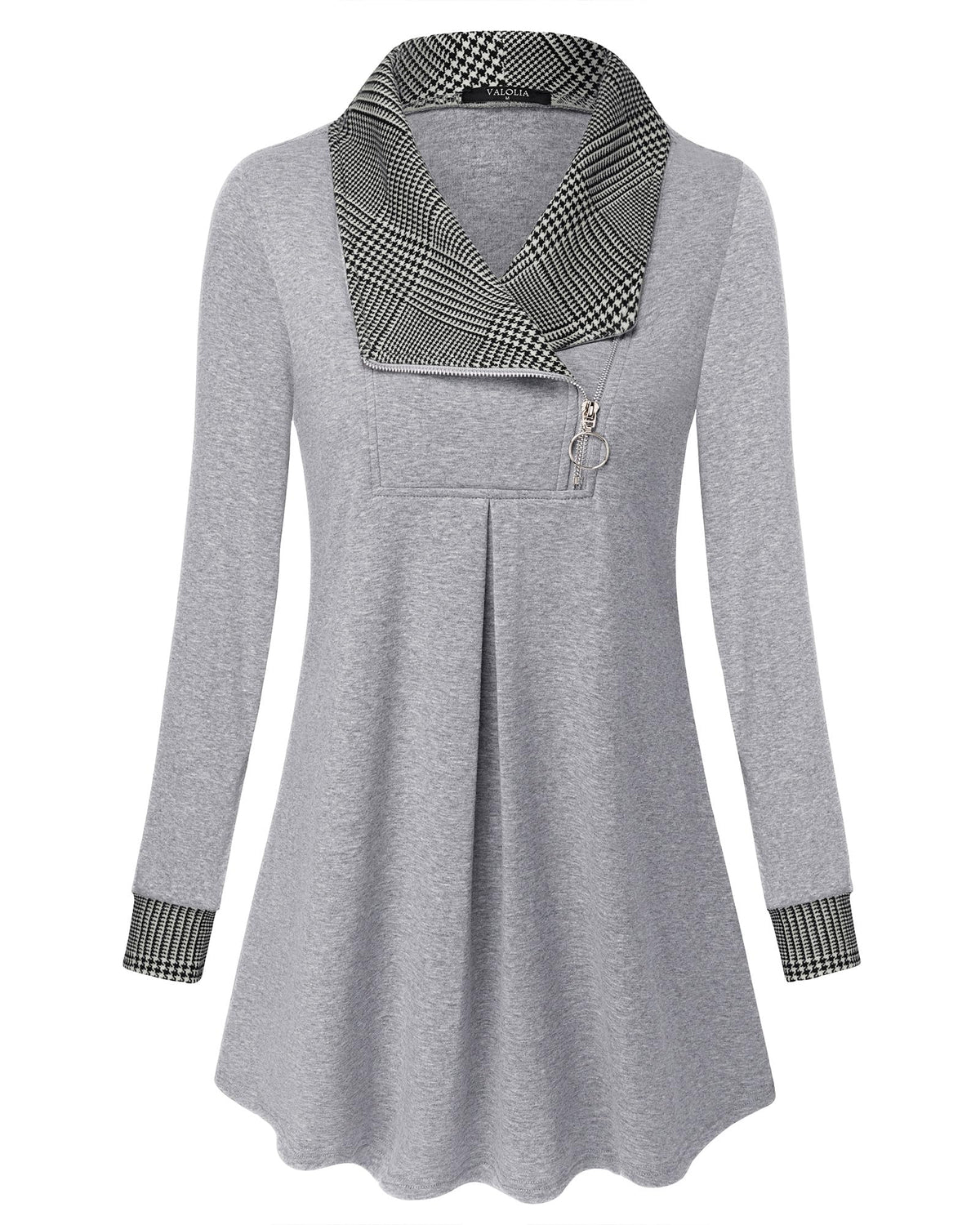 VALOLIA Winter Clothes for Women: Clothes for Women - Tunic Sweaters to Wear with Leggings - Womens Tunic Tops to Wear with Leggings Zipper Neck Lapel Plaid Fashion Zip Up Sweatshirt Light Gray Medium