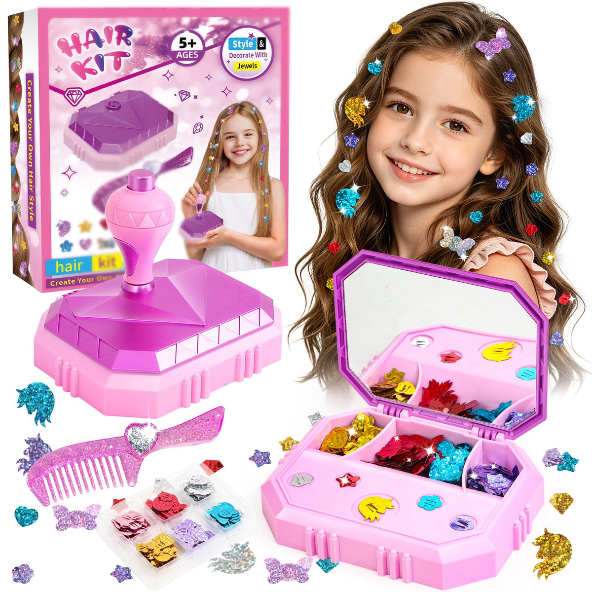 GlamLoops Hair Gem Stamper Kit ��� Hair Jewelry & Bling Craft Toys for Girls ��� Sparkling Hair Accessories with Glitter Sequins ��� DIY Hair Arts Crafts ��� Birthday Gifts for 5 6