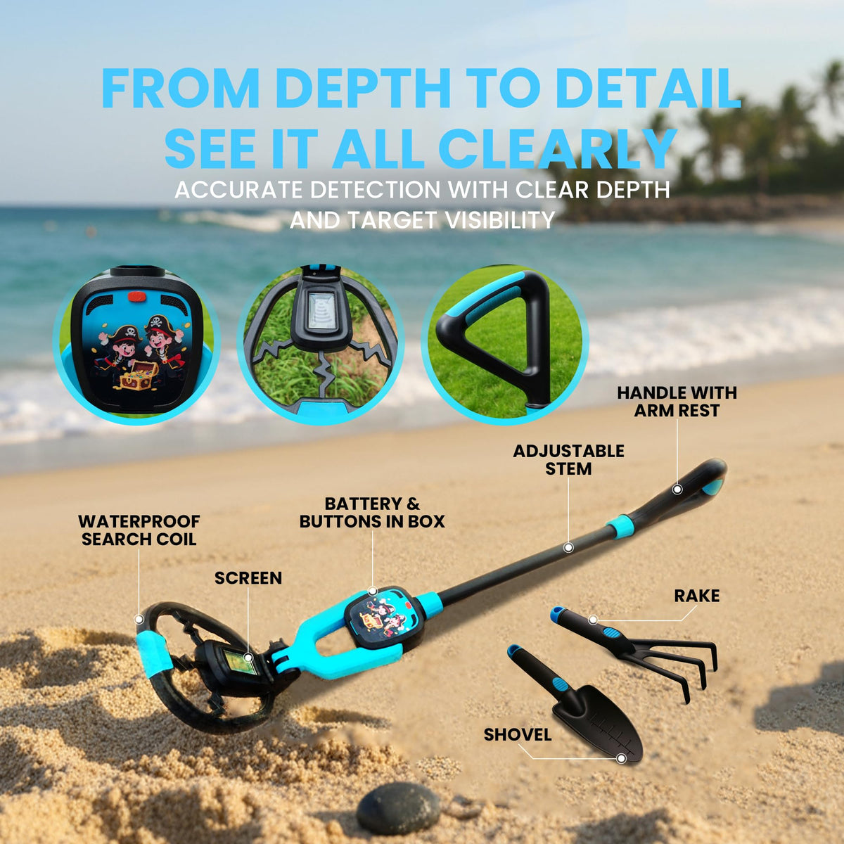 RIPTIC Metal Detector for Kids ��� Lightweight Kids Metal Detector with Adjustable Stem, LED Depth Display, Waterproof Search Coil, Shovel, Rake & Carry Bag ��� Outdoor Treasure