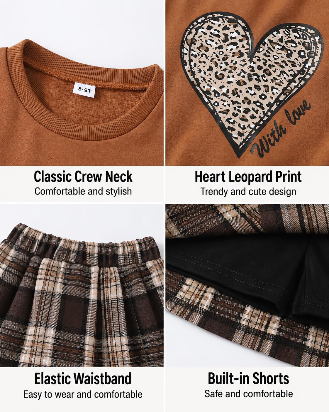 Afsmlys Tween Girl Clothes Winter 2 Piece Outfit Set Trendy Heart Print Sweatshirt + Plaid Pleated Skirt Teen Girl Cute Fall Spring School Clothing Size 14 15