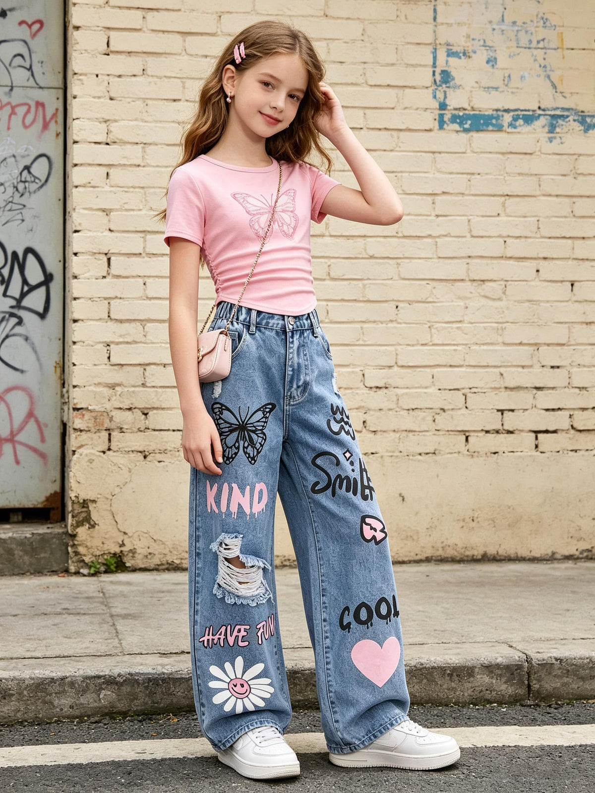 LKALPSQ Girls Outfits Teen Girls Clothes Butterfly Graphic Crop Short Sleeve T Shirts & Ripped Print Wide Leg Jeans 2PCS Girls Clothing Set 9-10 Years