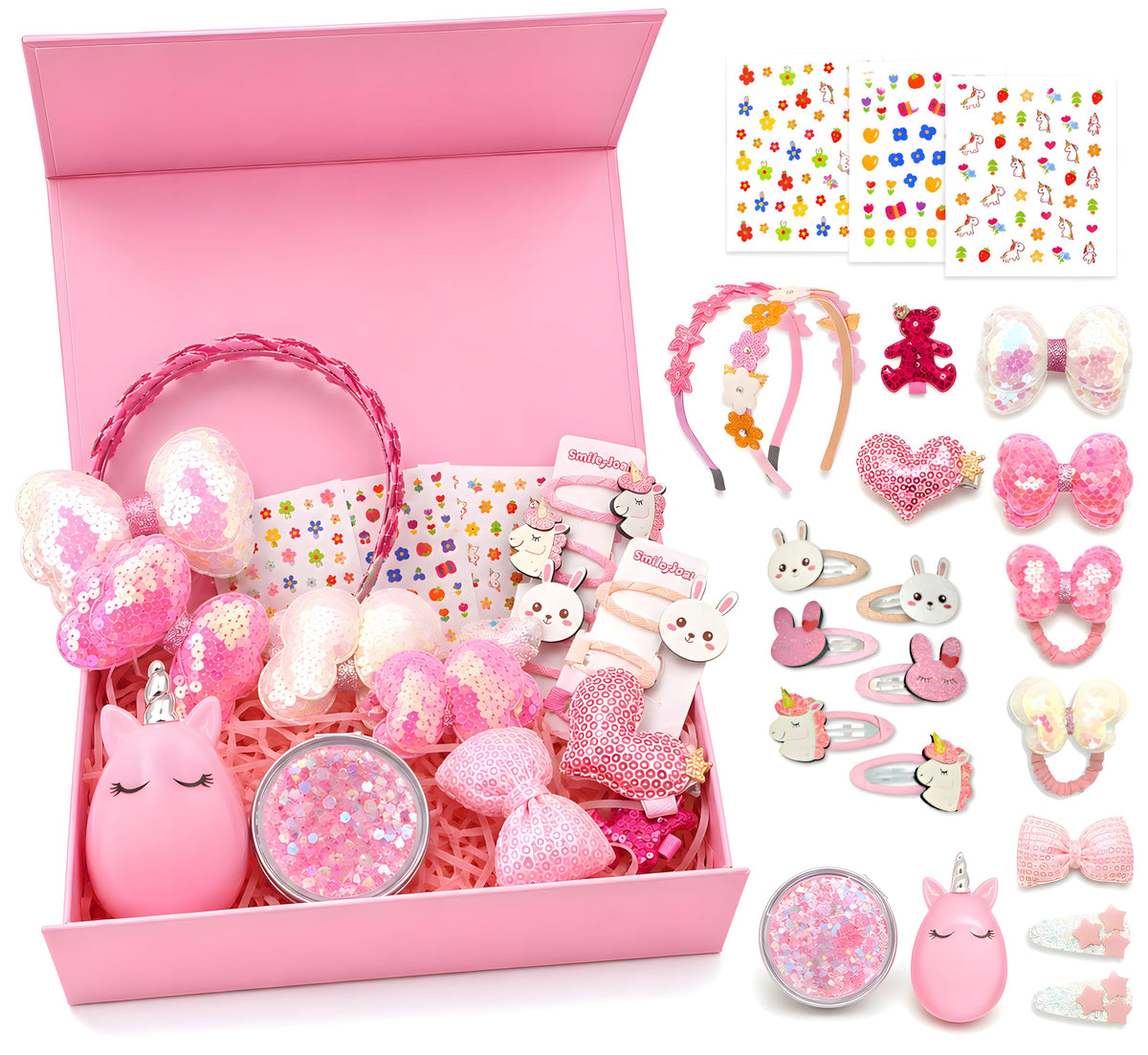 Hair Accessories for Girls Gift Set - Girl Hair Accessories Kit for Kids Ages 4-8, Pink Hair Clips, Barrettes, Ponytail Ties, Bows, Headbands, Mirror & Unicorn Comb, Toddler Hair Set