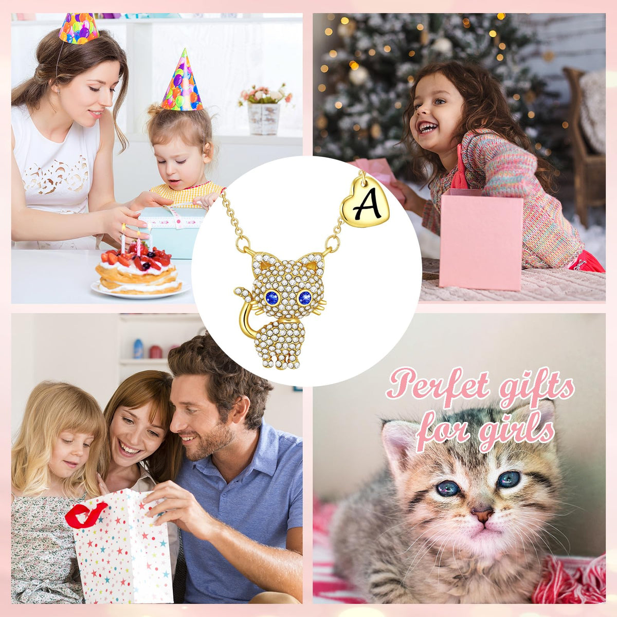 Esirly Cat Necklaces for Girls Initial Necklace Heart Letter A-Z Adjustable Cute Birthday Gifts for Women Girls Daughter Granddaughter Niece 16+2 Inches (A., Gold)