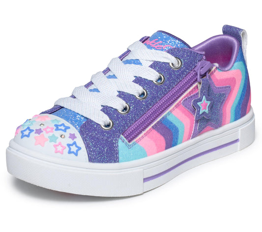 Skechers Twinkle Sparks Cosmic Burst Light Up Sneakers - Star Design Low Top Fashion Shoes with Glitter Upper, Navy Synthetic/Multi Trim, 1H