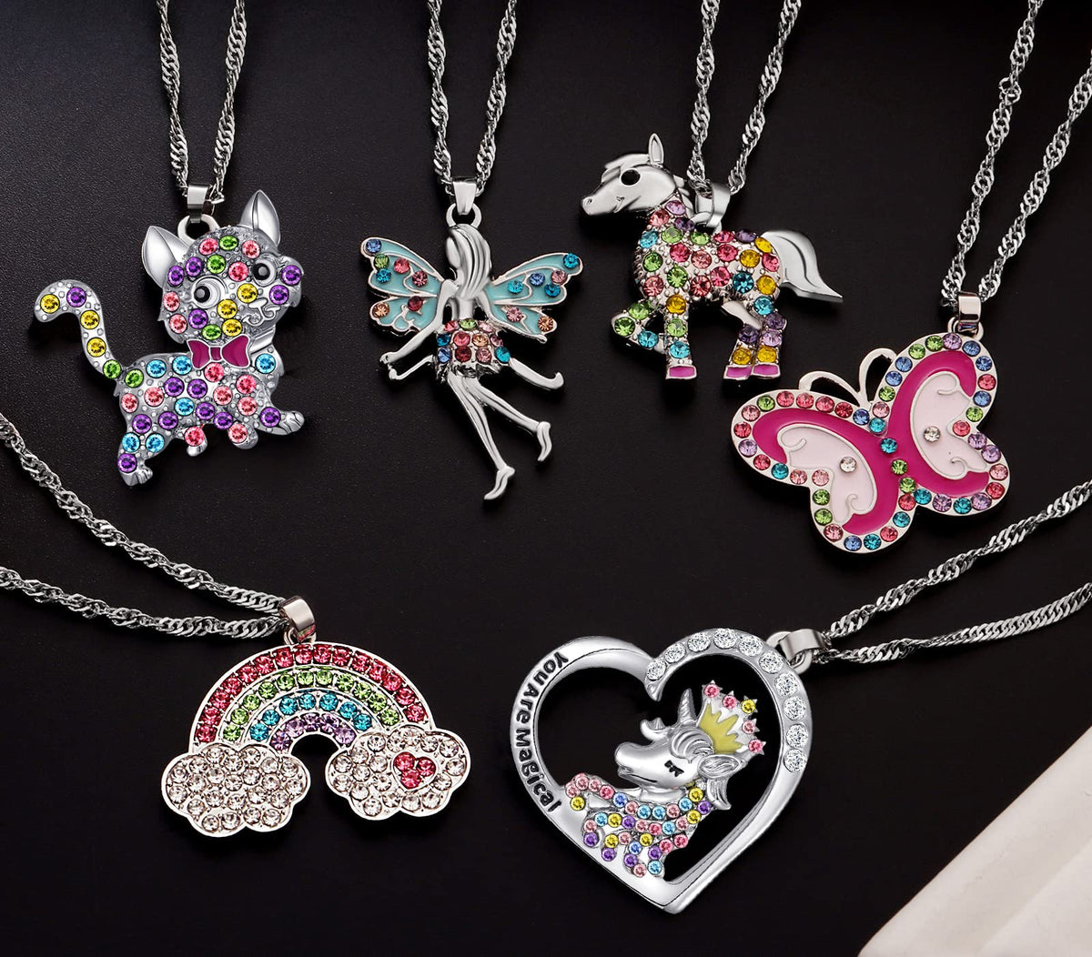 6 Pcs Cute Necklaces for Teen Girls - Adorable Pastel Crystal Girls Jewelry - Unicorns Gifts for Girls - Fairy Gifts for Teens - Dainty Necklace Birthday Gift Set Heart Necklace for Teen Girl Stuff