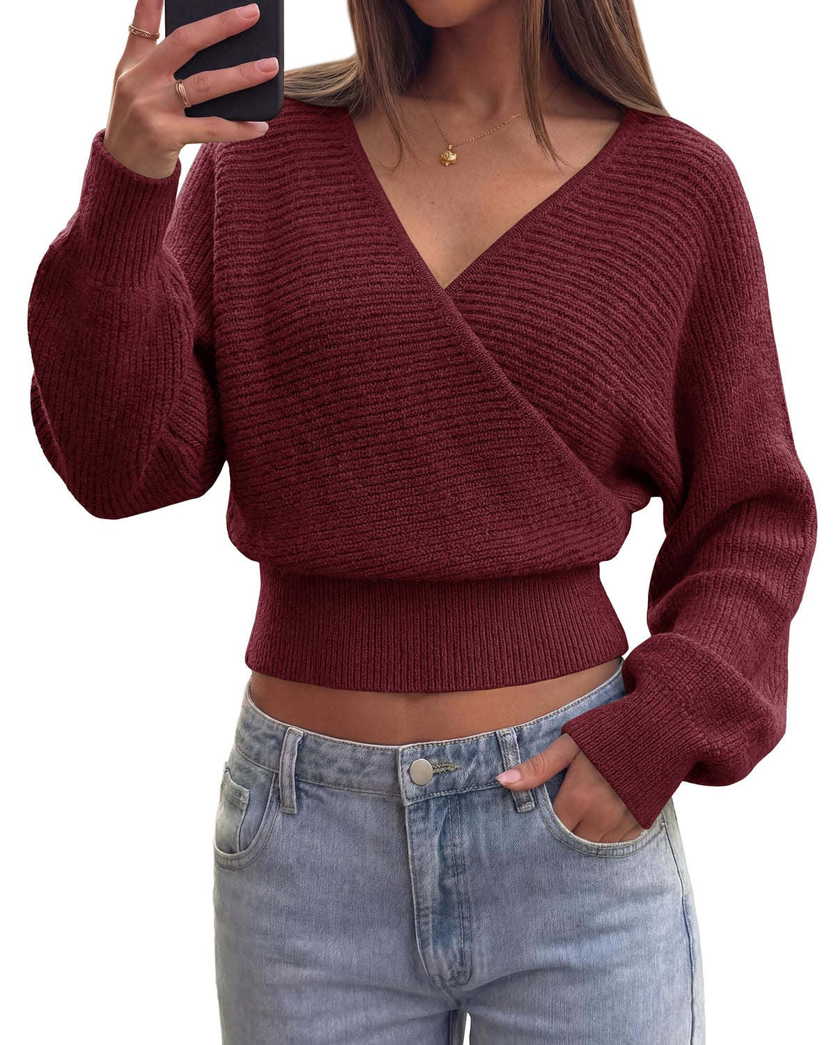 BTFBM Ribbed Knit V Neck Wrap Cross Sweaters For Women Fall Outfits 2026