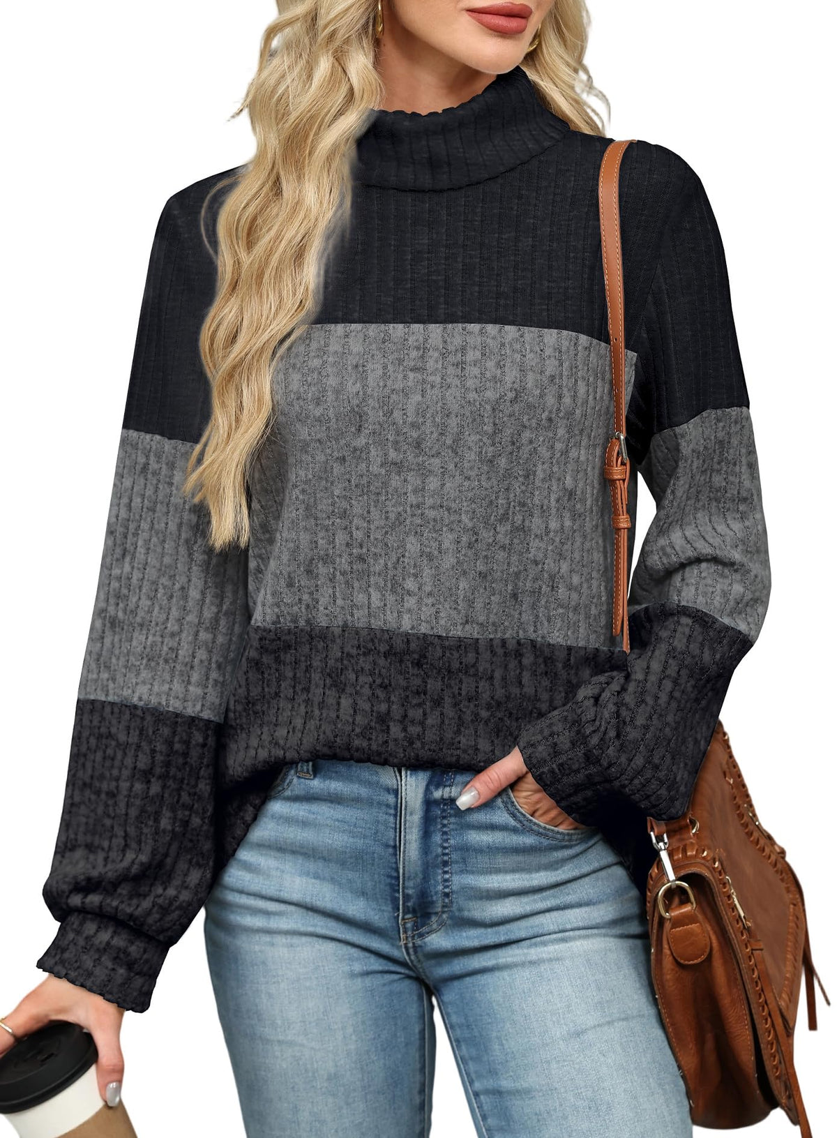 Womens Sweaters Plus Size Winter Clothes Fall Fashion 2026 Turtlenecks Boho Tops Long Sleeve Going Out Ladies Tops and Blouses Color Block M