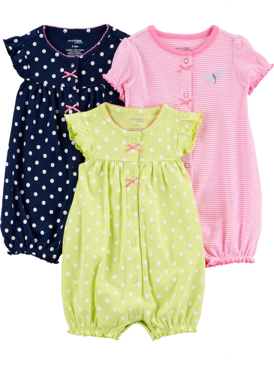 Simple Joys by Carter's Baby 3-pack Snap-up Rompers, navy dot/pink stripe/yellow dot, 24 Months