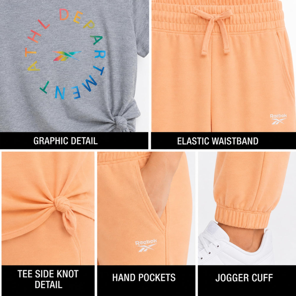 Reebok Girls 3-Piece French Terry Shirt & Jogger Pants Activewear Set