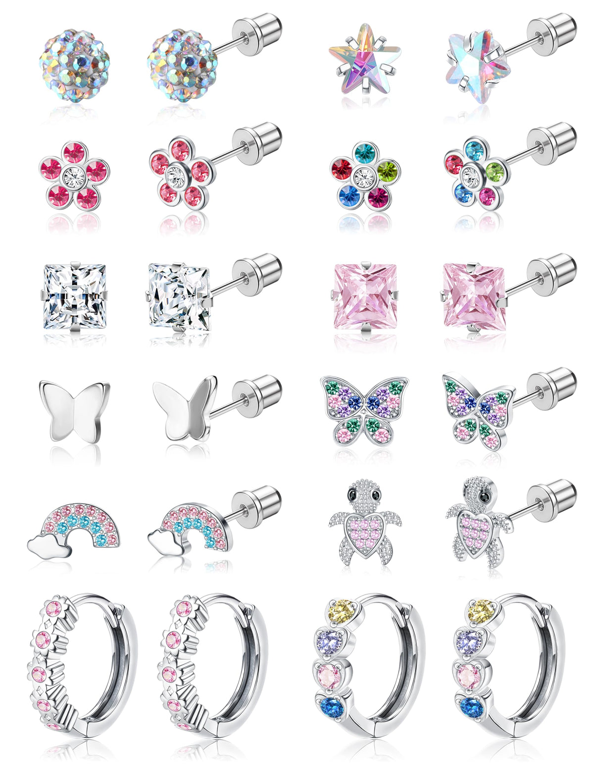 FIASASO Hypoallergenic Surgical Stainless Steel Earrings for Girls Kids Women - 12 Pair Screw Back Earrings for Sensitive Ears Cute Flower Butterfly Toddler Stud Hoop Earings Screwback Girl