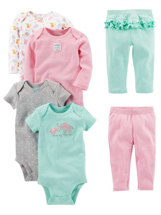 Simple Joys Baby Girl's 6 piece Little Character set Sleepwear, Pink/Mint Ruffle, 24 Months
