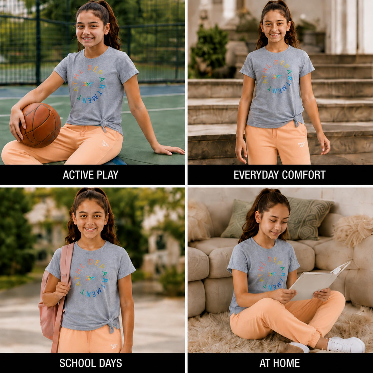 Reebok Girls 3-Piece French Terry Shirt & Jogger Pants Activewear Set