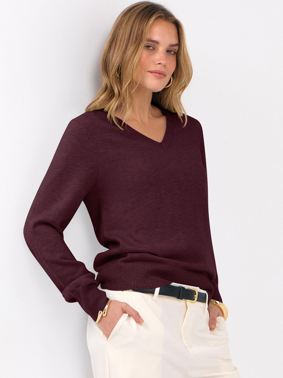 ANRABESS Women���s Fall Long Sleeve V Neck Lightweight Sweaters Top Da