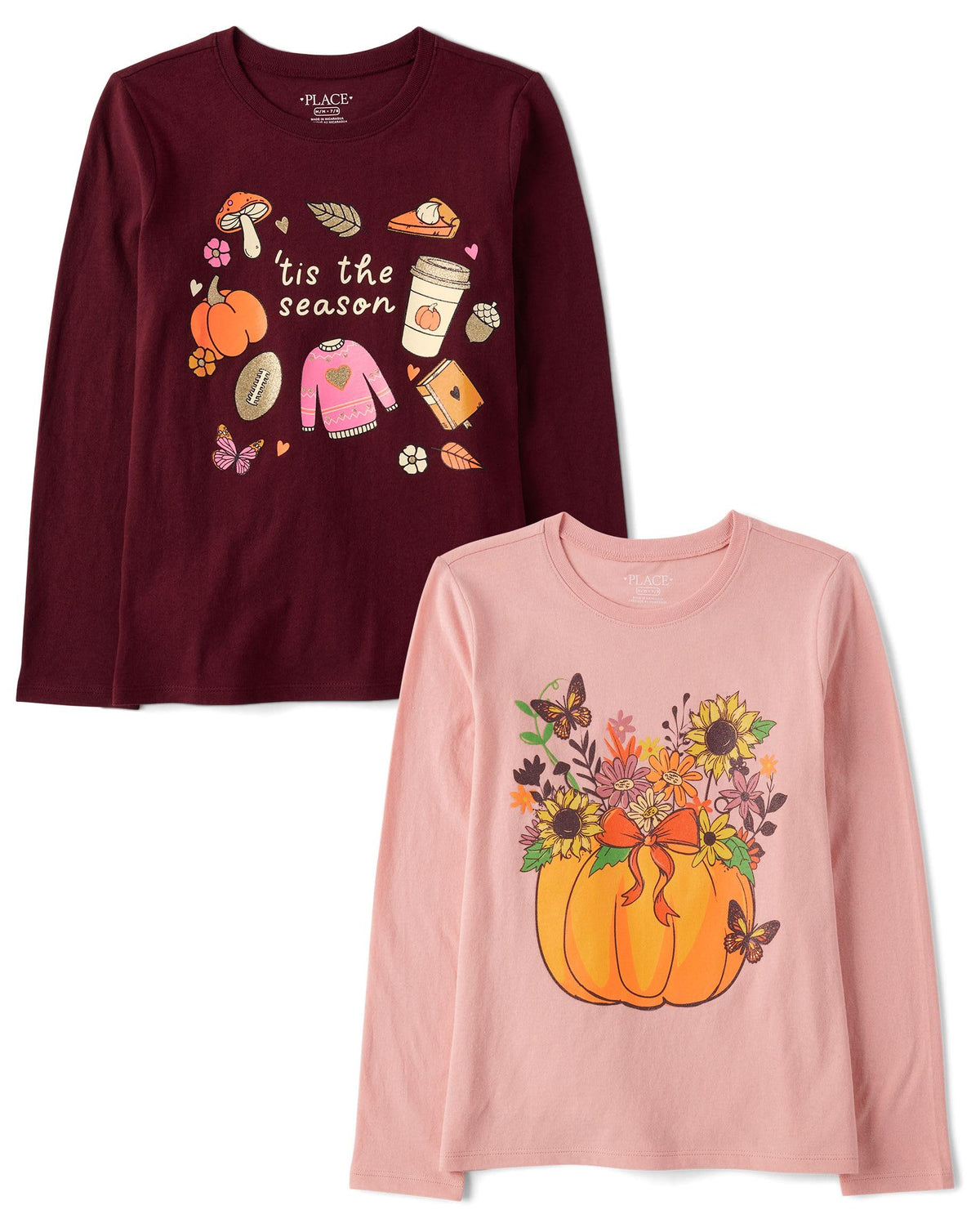 The Children's Place,Girls,All Holidays Long Sleeve Graphic T-Shirts,multipacks,Tis The Season/Pumpkin 2-Pack,X-Small