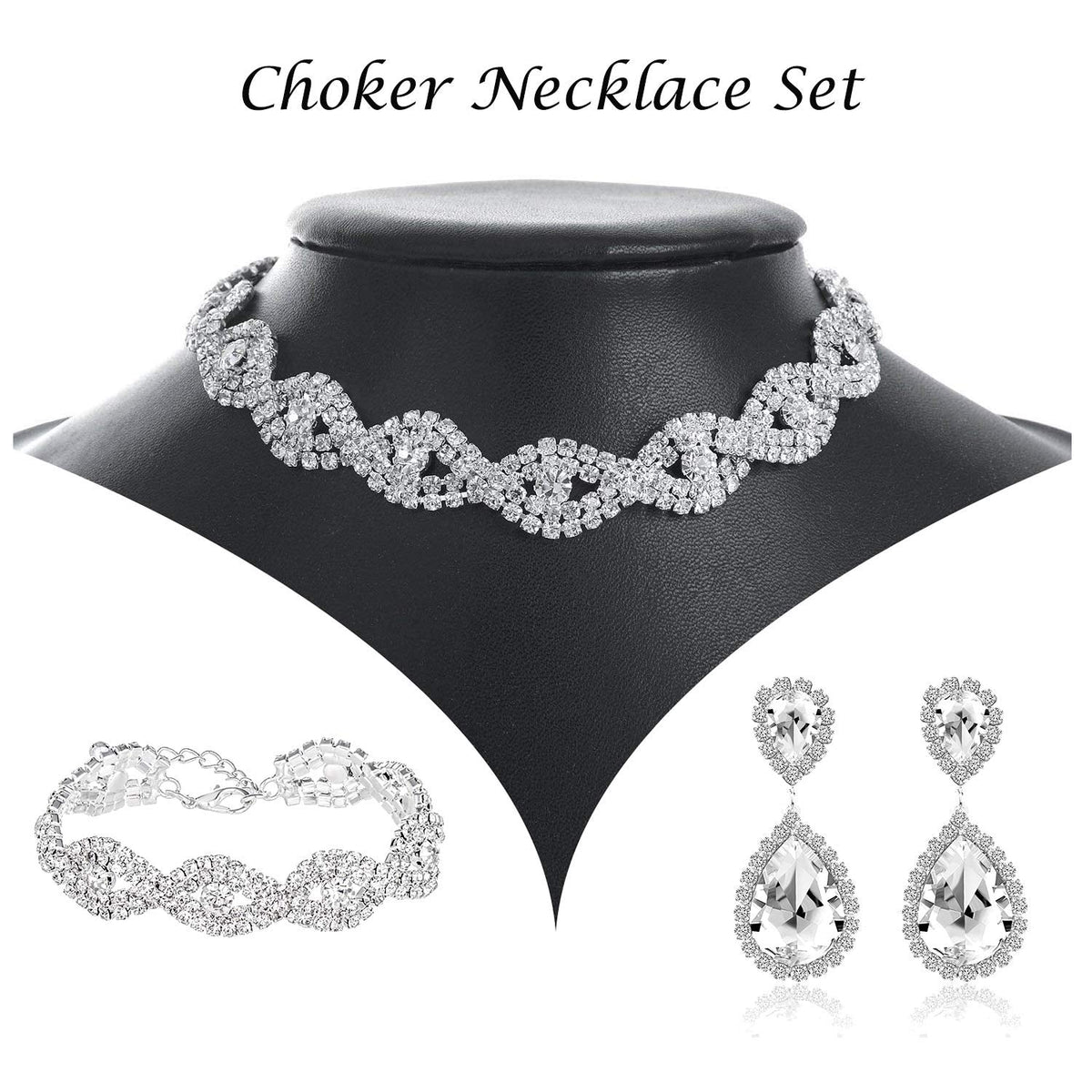 Miraculous Garden 3 Pack Bridal Rhinestone Crystal Statement Choker Necklace Link Bracelet and Teardrop Dangle Earrings Jewelry Set