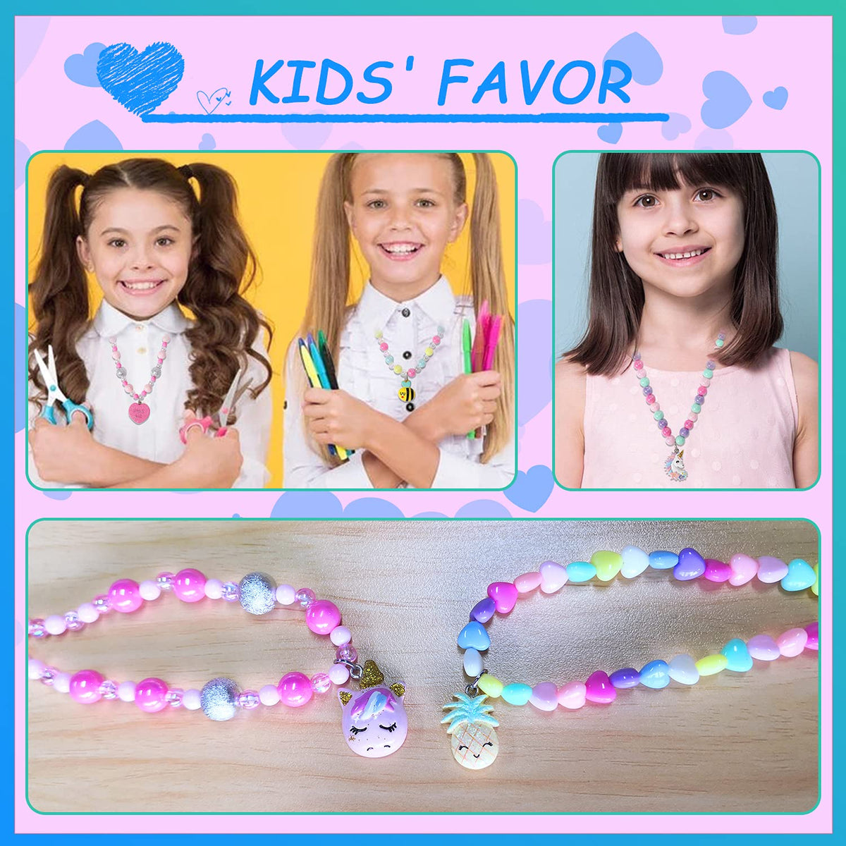 PinkSheep Jewelry Sets Beaded Necklace and Beads Bracelet for Kids Girls 10 Sets Unicorn Cat Bird Owl Necklace and Beads Little Favors Bags for Girls Princess Dress Up Pretend Play