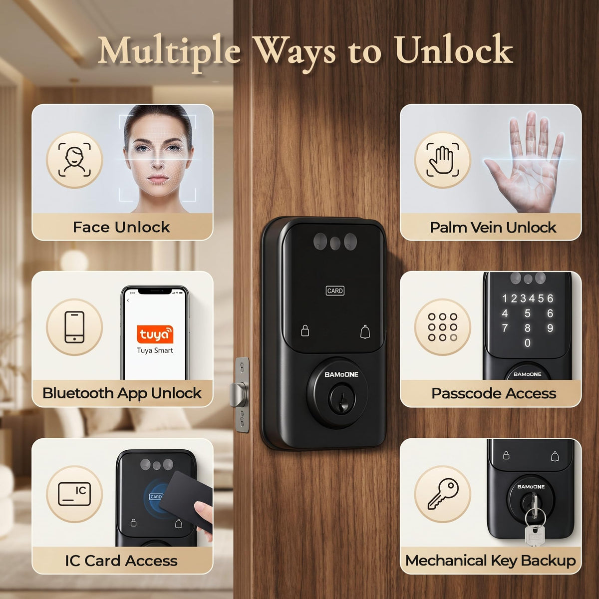 BAMoONE Bluetooth Deadbolt with Face & Palm Vein Recognition, Matte Black