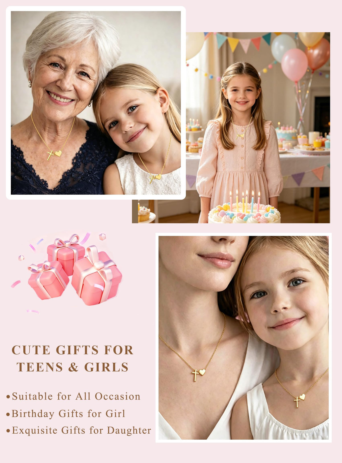 DORANA 10 Year Old Girl Birthday Gifts 14K Gold Plated Cross Heart Necklace