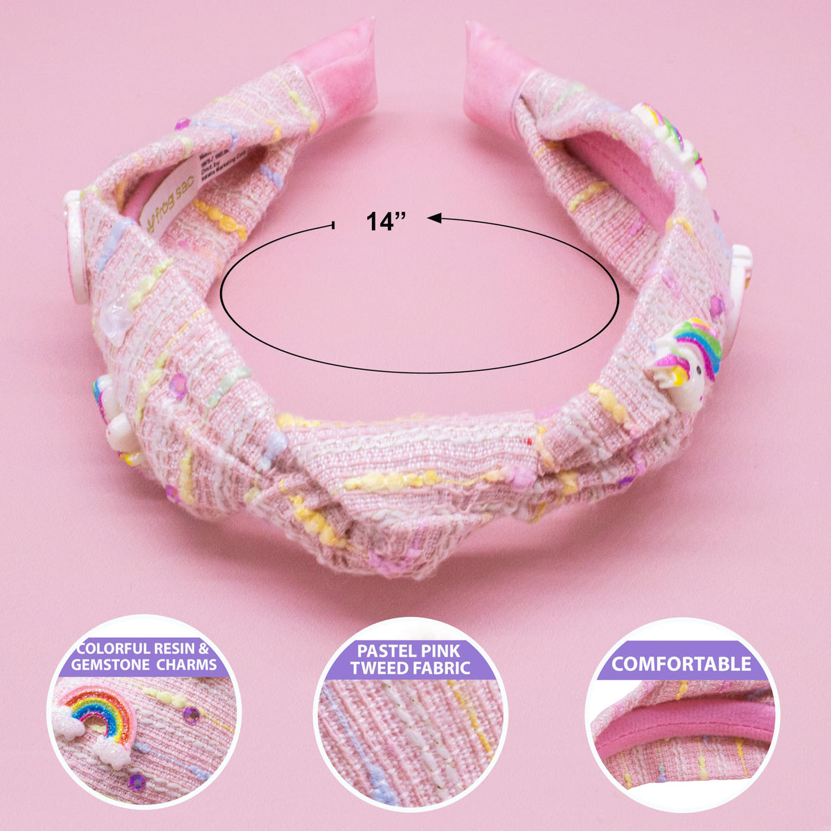 FROG SAC Knot Headband for Girls, Knotted Headbands for Toddler Kids, Rainbow Beaded Unicorn Hair Accessories, Halloween Christmas Stocking Easter Basket Stuffers (Light Pink)