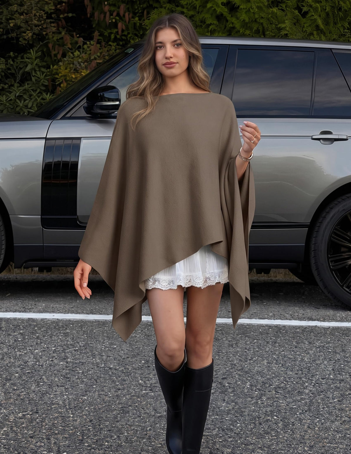 ZESICA Women's Fall Batwing Oversized Knitted Shawls Poncho Sweaters Coffee