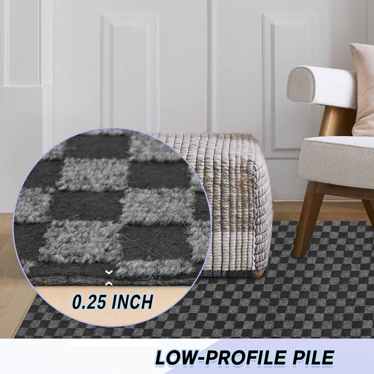 Custom Size Backed Non-Slip Area Rugs Runner, Easy Clean, Waterproof Runner Rugs for Hallway Entryway, Kitchen, Laundry, 3FT x 55FT, Gray Checkered