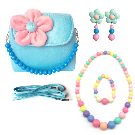 Elesa Miracle Little Girl Bag Beauty Set Plush Handbag + Flower-Shaped Clip-on Earrings + Necklace and Bracelet Set (Blue)