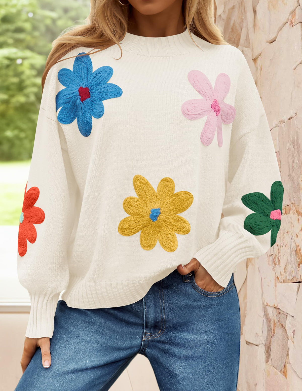 ZESICA Womens Fall Winter Floral Sweaters Cute Knit Pullover Tops, Ivory, L