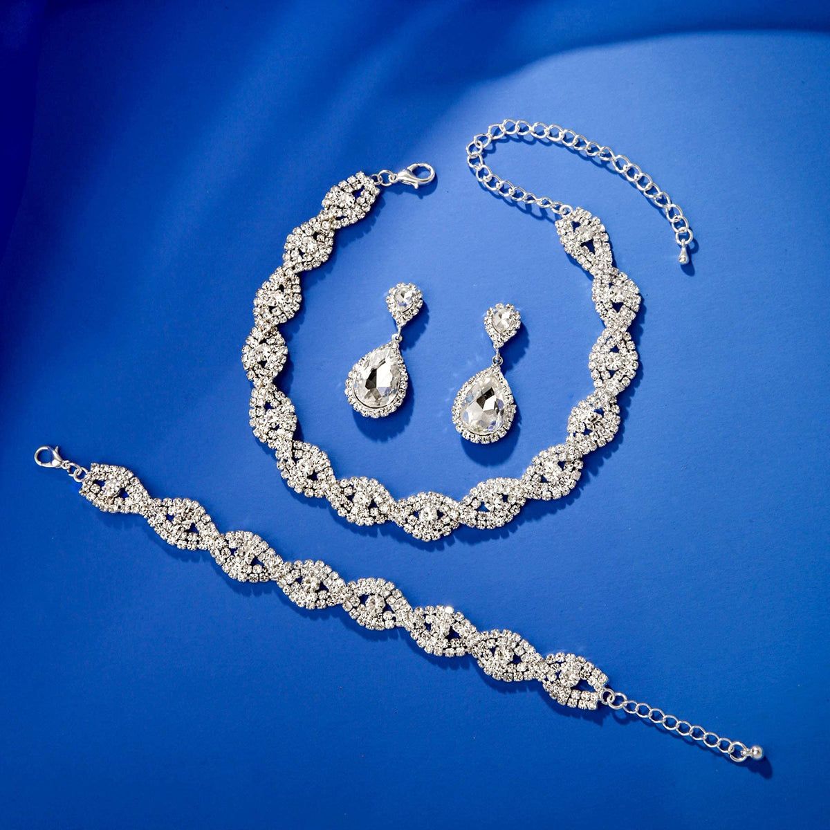 Miraculous Garden 3 Pack Bridal Rhinestone Crystal Statement Choker Necklace Link Bracelet and Teardrop Dangle Earrings Jewelry Set