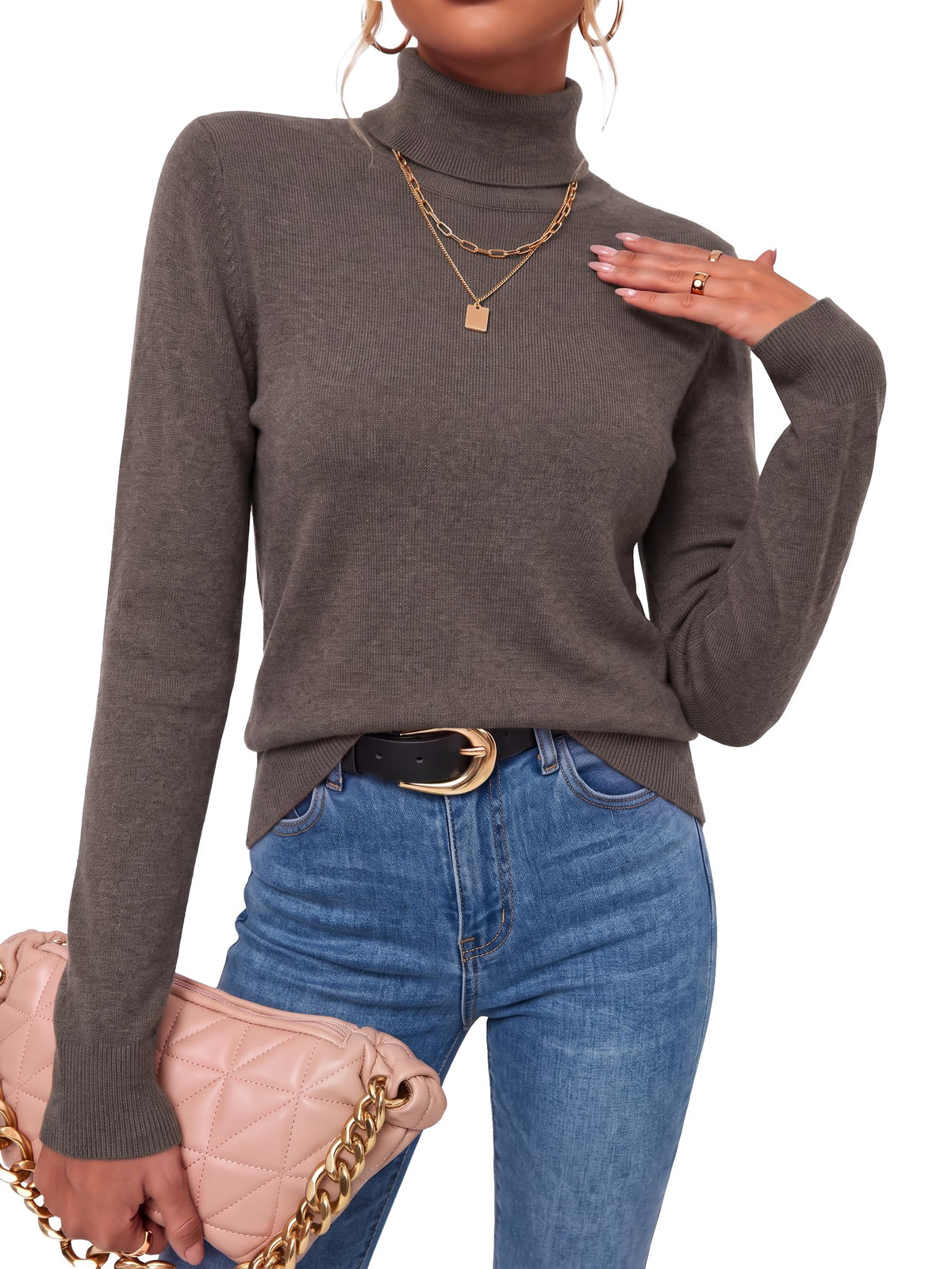 Arach&Cloz Women's Wool Turtleneck Fall Lightweight Sweater Tops Coffee L