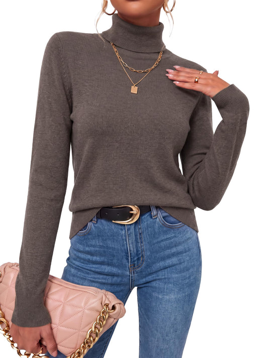 Arach&Cloz Women's Wool Turtleneck Fall Lightweight Sweater Tops Coffee L