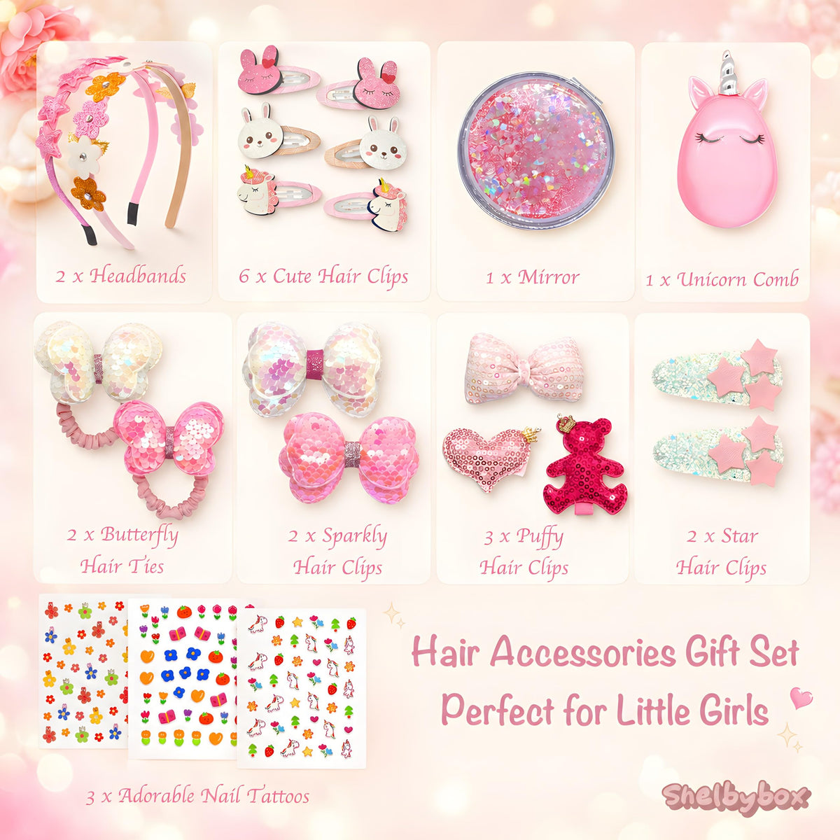 Hair Accessories for Girls Gift Set - Girl Hair Accessories Kit for Kids Ages 4-8, Pink Hair Clips, Barrettes, Ponytail Ties, Bows, Headbands, Mirror & Unicorn Comb, Toddler Hair Set