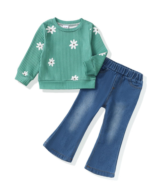 SODLON Toddler Girl Clothes 2T 3T Green Daisy Sweatshirt Jeans Fall Outfits