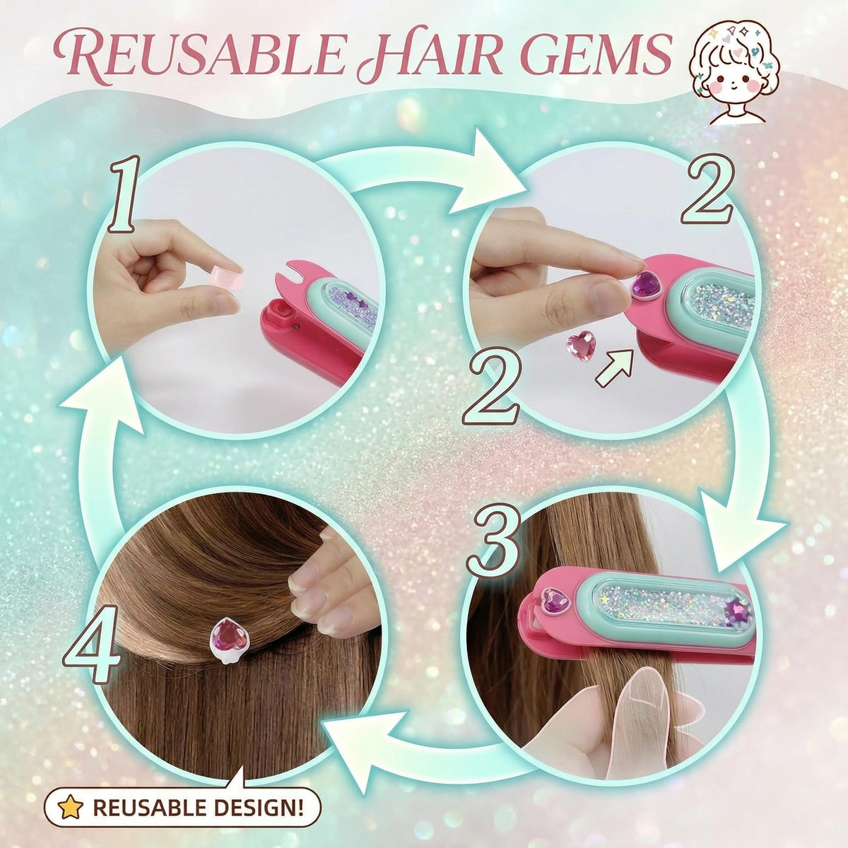 Hair Gem Stamper Kit, Bling Hair Accessories Toy & Gift for Girls Ages 3-12
