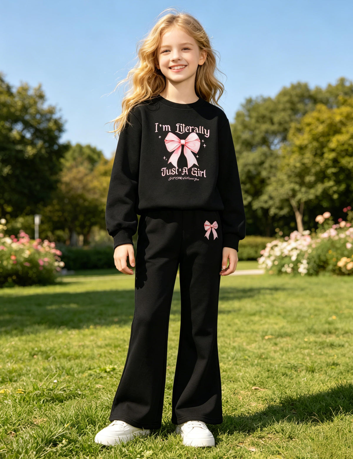 Gaupafmb Girls' Clothing Sets 2 Piece Watercolor Bow Letter Print Graphic Crewneck Sweatshirt Top and Flared Pants Black Teen Girls Clothes Size 10-12 Years