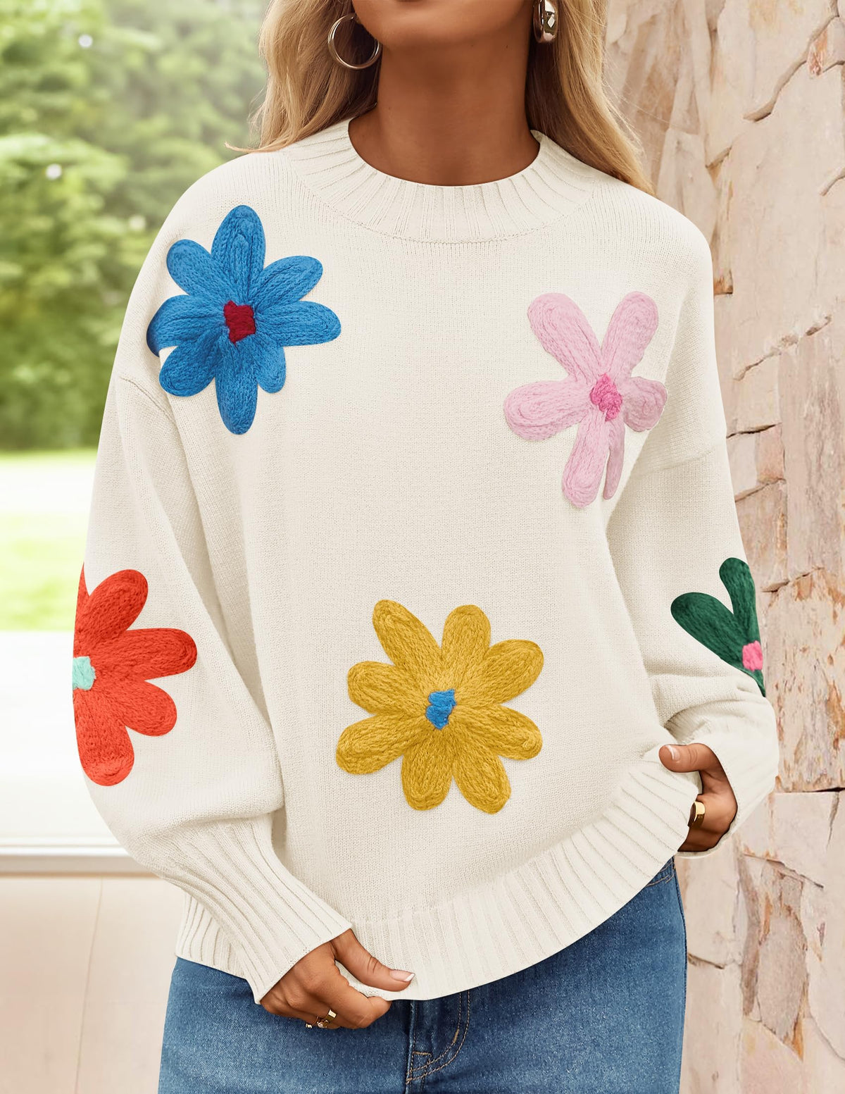 ZESICA Womens Fall Winter Floral Sweaters Cute Knit Pullover Tops, Ivory, L
