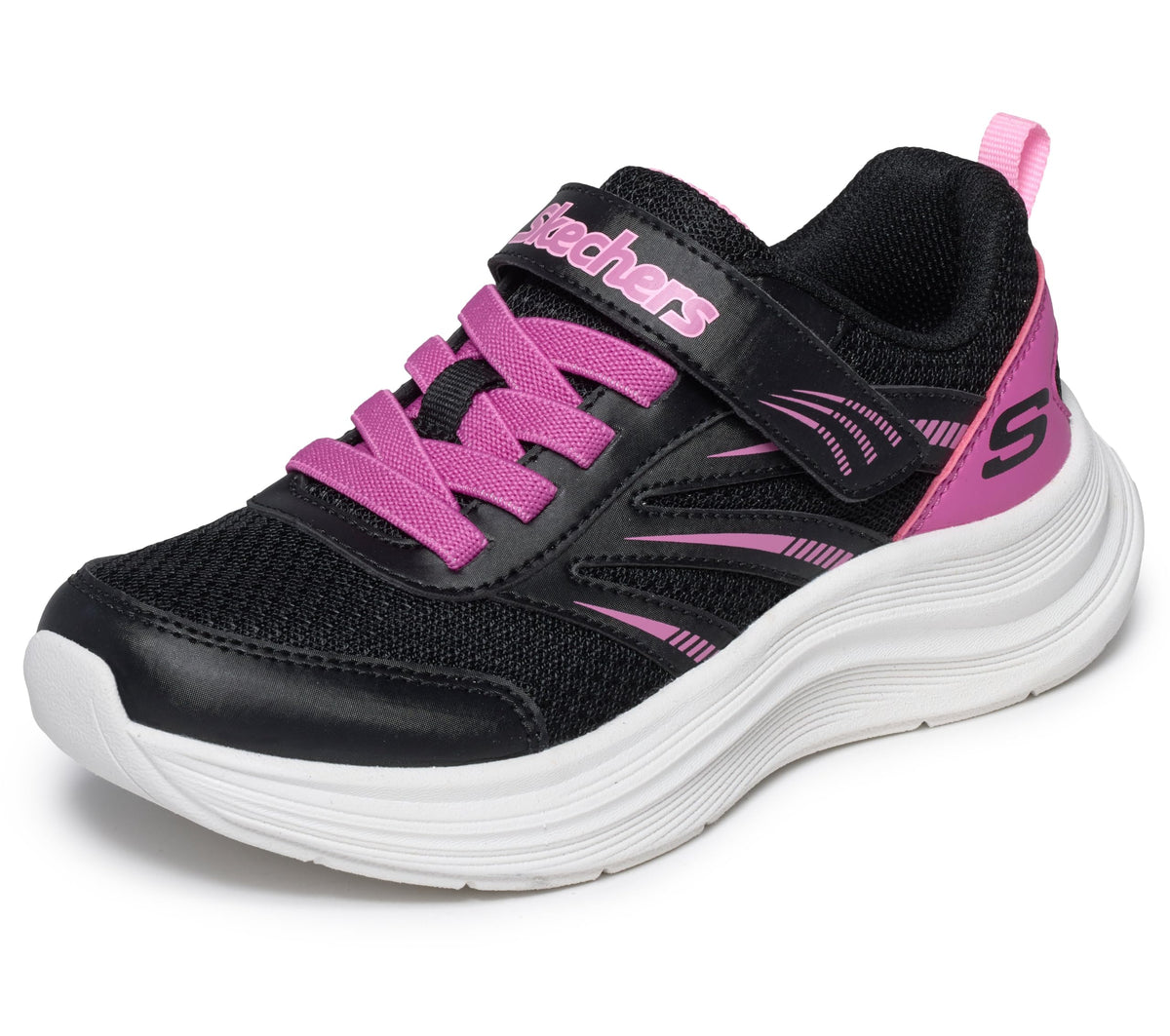 Skechers Streamline Athletic Sneakers - Gore and Strap Design Machine Washable Kids Shoes, Black Synthetic/Pink Trim, 2H