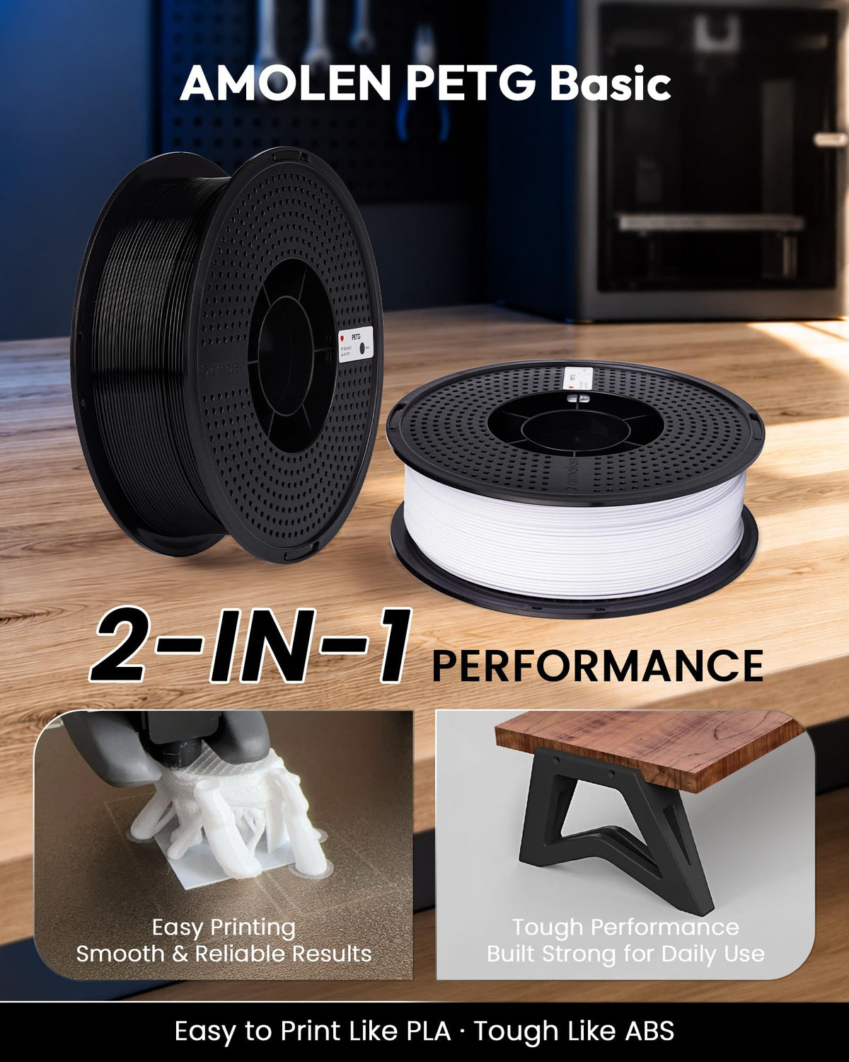 AMOLEN PETG 3D Printer Filament 1.75mm, High-Speed, 2KG Black+White Bundle