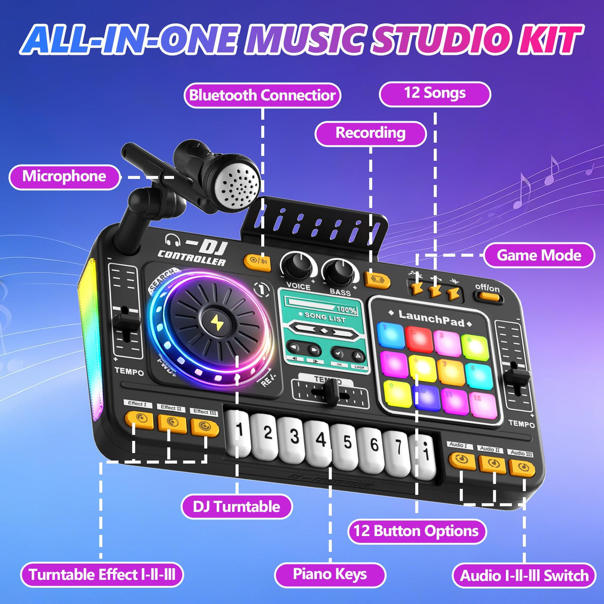 VLQ Kids DJ Mixer Table, Musical DJ Set for Kids with Lights & Bluetooth